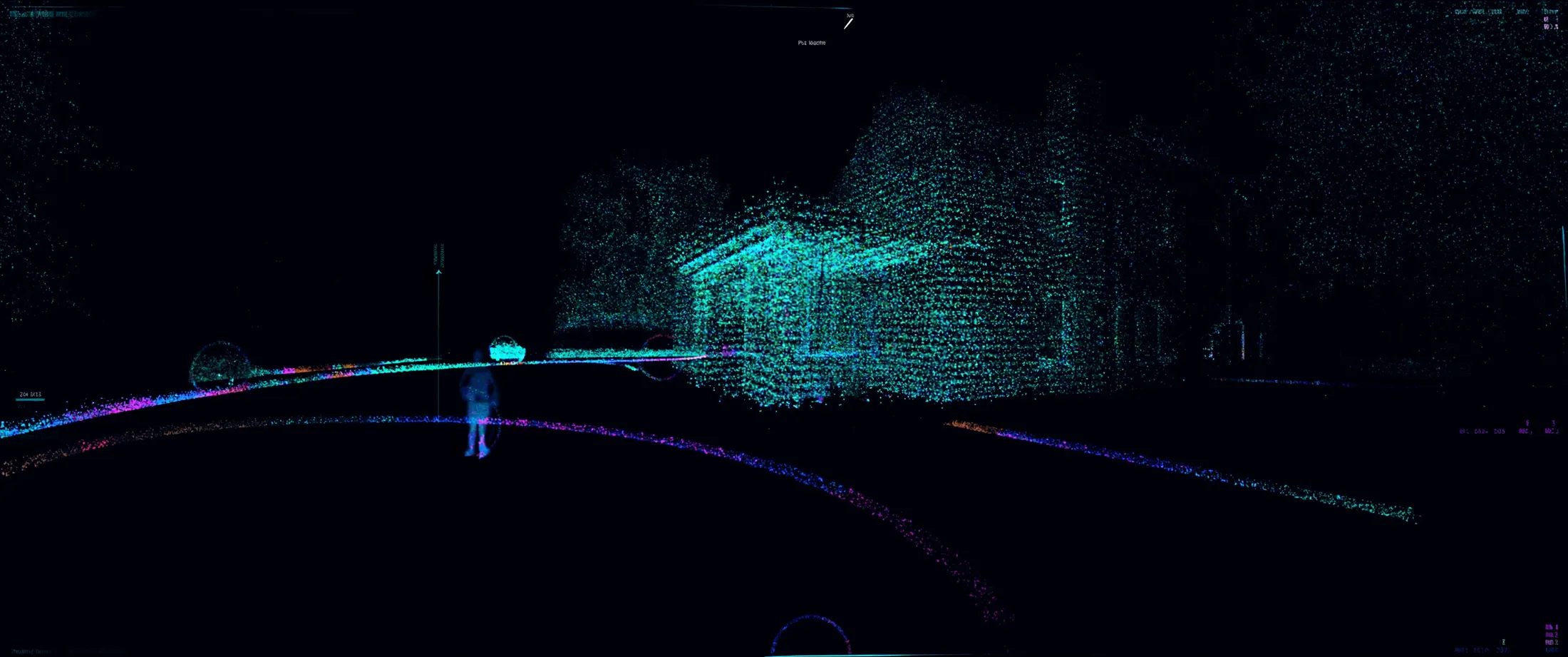 A house as a LiDAR point cloud, a data-stream scan and a CAD section.