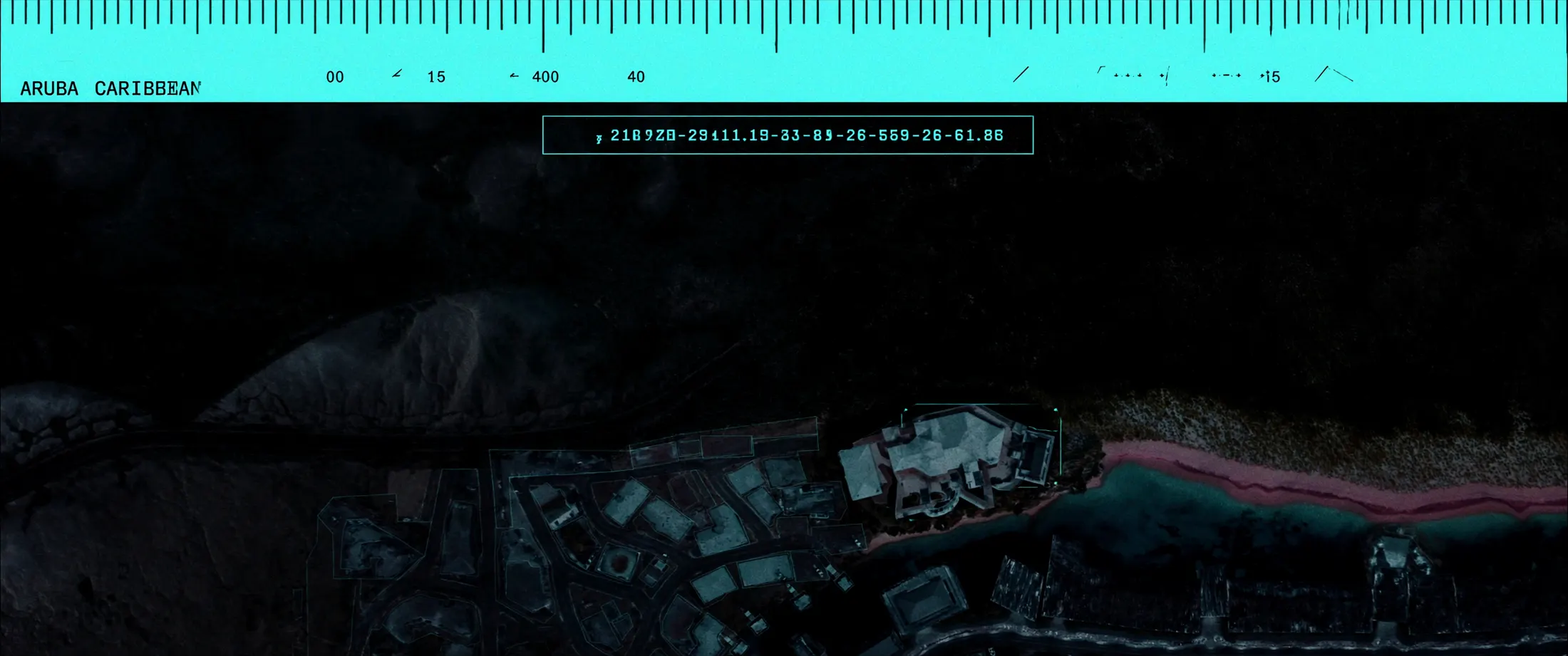 Reconnaissance, radar and blueprint views of a coastal property in Aruba.