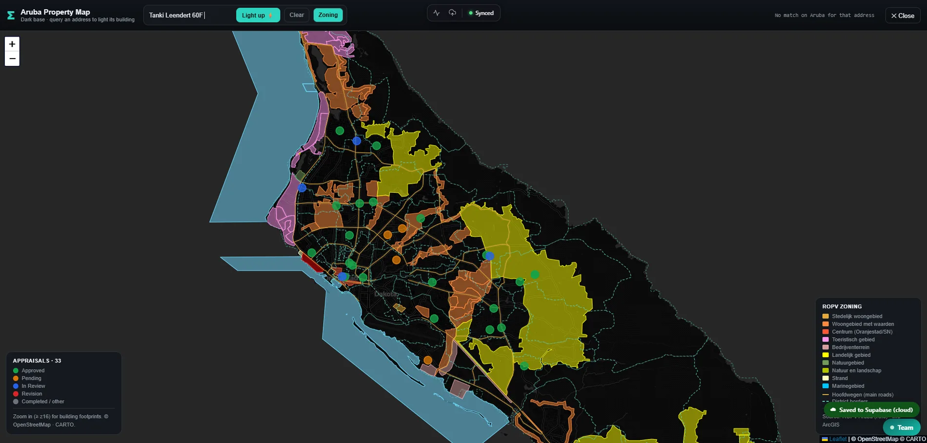 The SIGMA-CMS Aruba property map with ROPV zoning overlays and appraisal location markers.