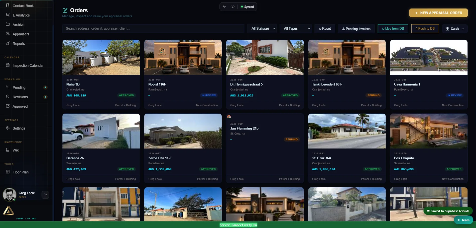 The SIGMA-CMS appraisal order register: property cards with statuses, values and workflow states.